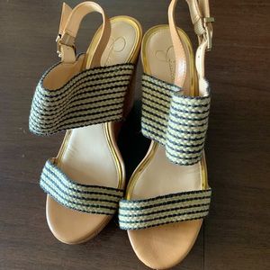 Jessica Simpson blue and neutral striped platform sandals , size 8.